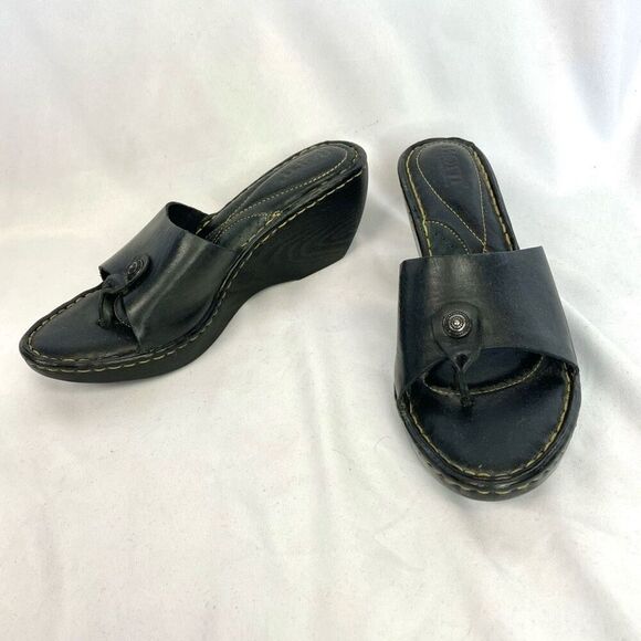 Born Shoes - Women's Born Mijo Black Leather Wedge Thong Sandals Women’s 11 Padded Insole